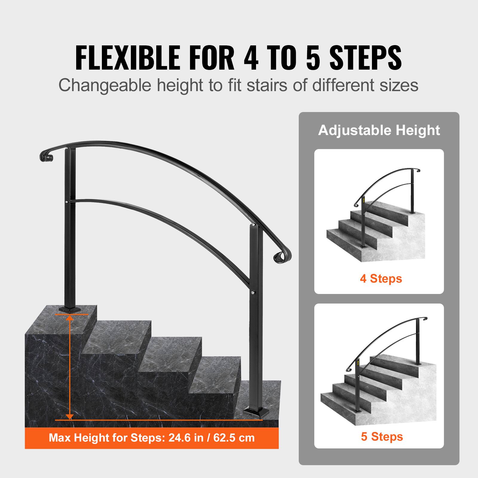 FLEXIBLE FOR 4 TO 5 STEPS, Changeable height to fit stairs of different sizes, Adjustable Height, 4 Steps, 5 Steps, Max Height for Steps: 24.6 in / 62.5 cm