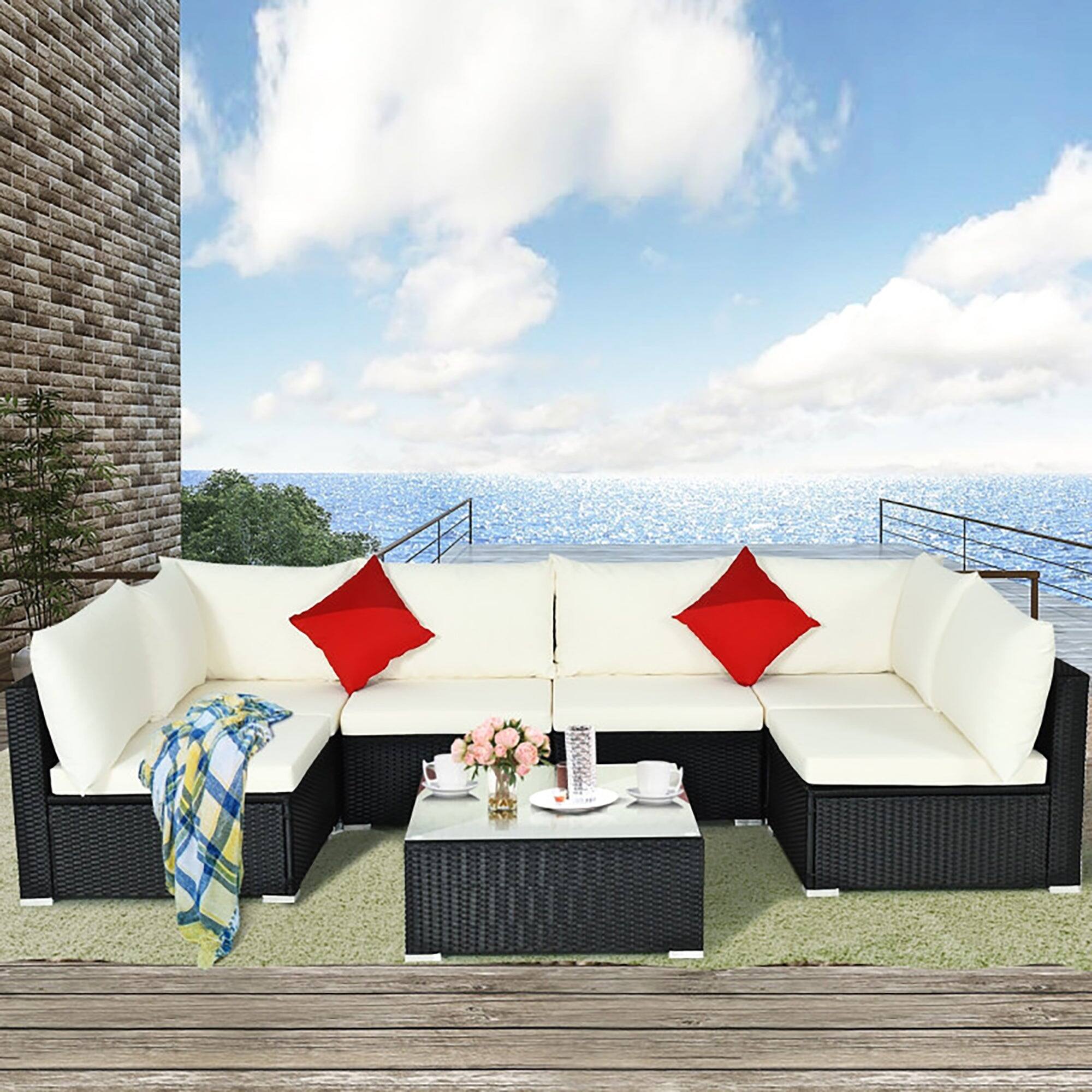 Alt View 8. Boyel Living - 7 Pieces Sectional Wicker Furniture Sofa Set with Tempered Glass Top Coffee Table - Beige.