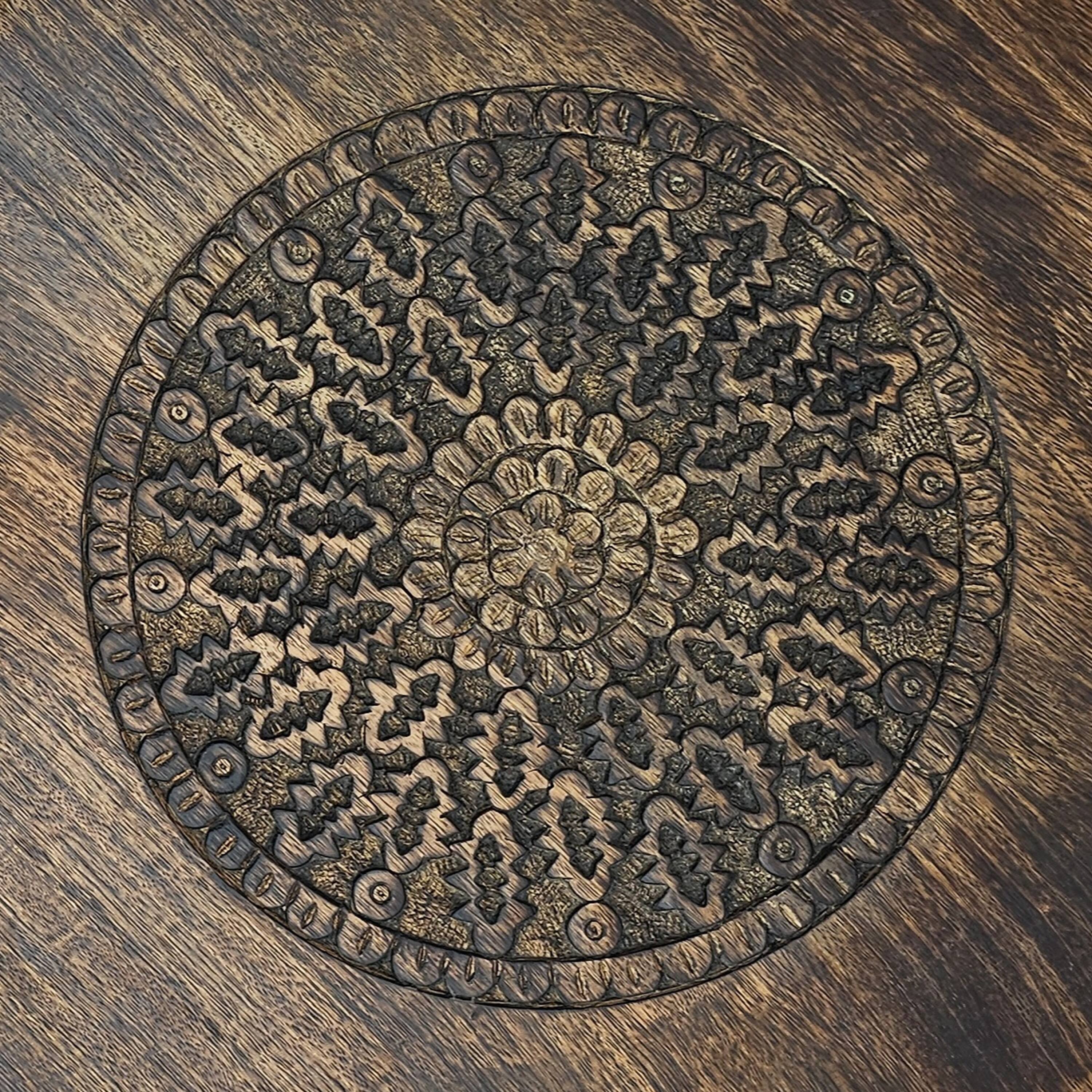 Alt View 1. Manhattan Lane - Ama 22 Inch Side End Table, Round Top, Indian Mandala Floral Carving, 3 Legs, Brown Mango Wood - Brown.