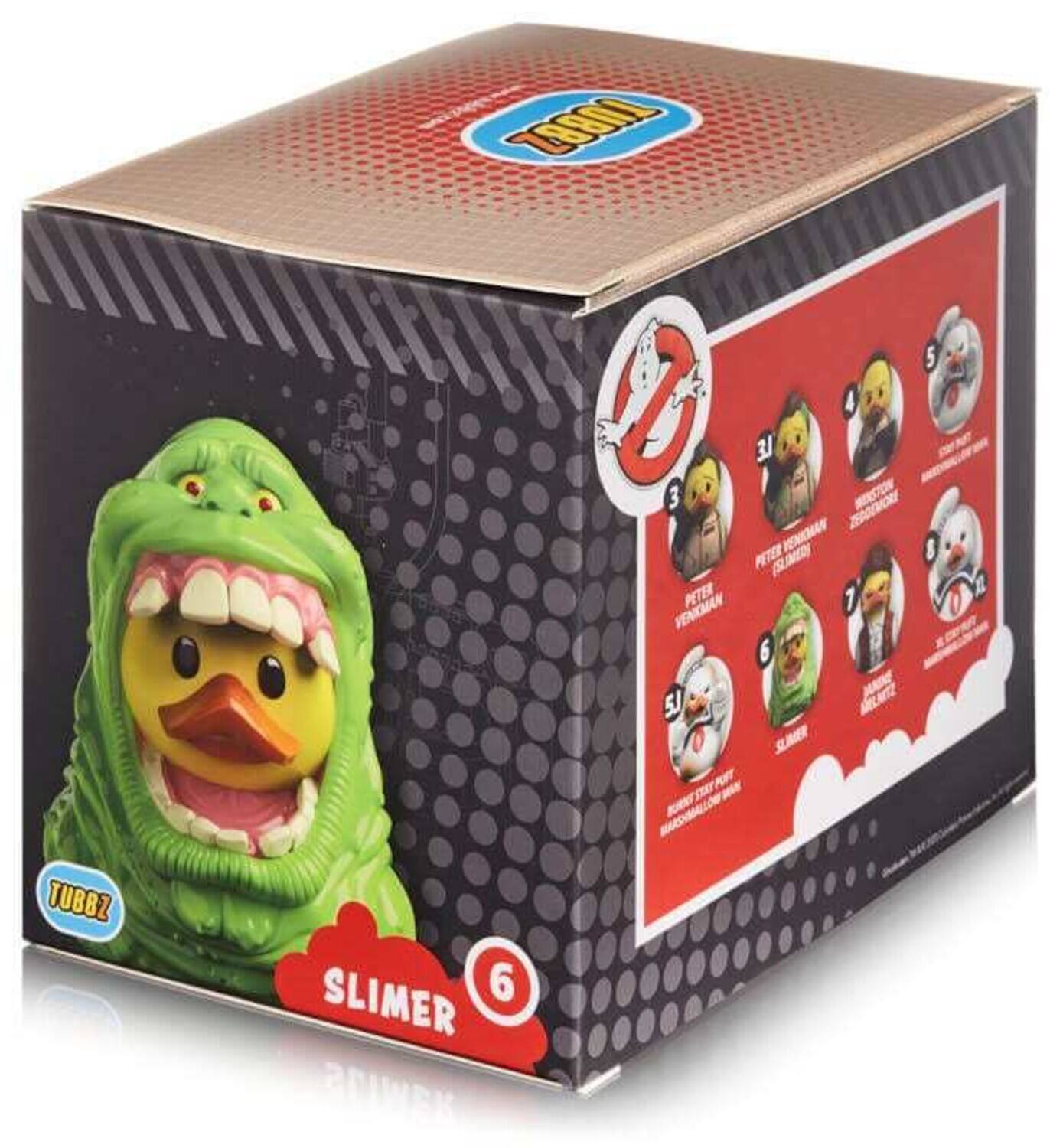 The text on the image appears to be a list of characters and their corresponding numbers. Here is the corrected and grouped version:

- TUBBZ 5
- SLIMER 6
- AMEY LE 3
- EINRMAN 8
- PETER (SLIMER) 1
- VENKMAN 6
- MELAETE SUMER MARSHMALLOW 1

This seems to be a list of collectible figures or characters, possibly from a toy or game.