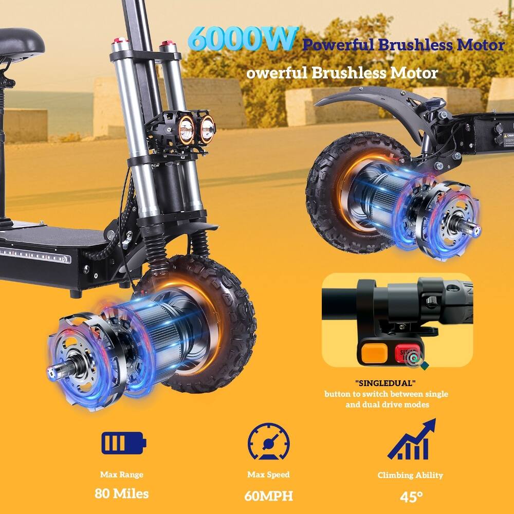 6000W Powerful Brushless Motor  
"Singledual" button to switch between single and dual drive modes  
Max Range: 80 Miles  
Max Speed: 60MPH  
Climbing Ability: 45°