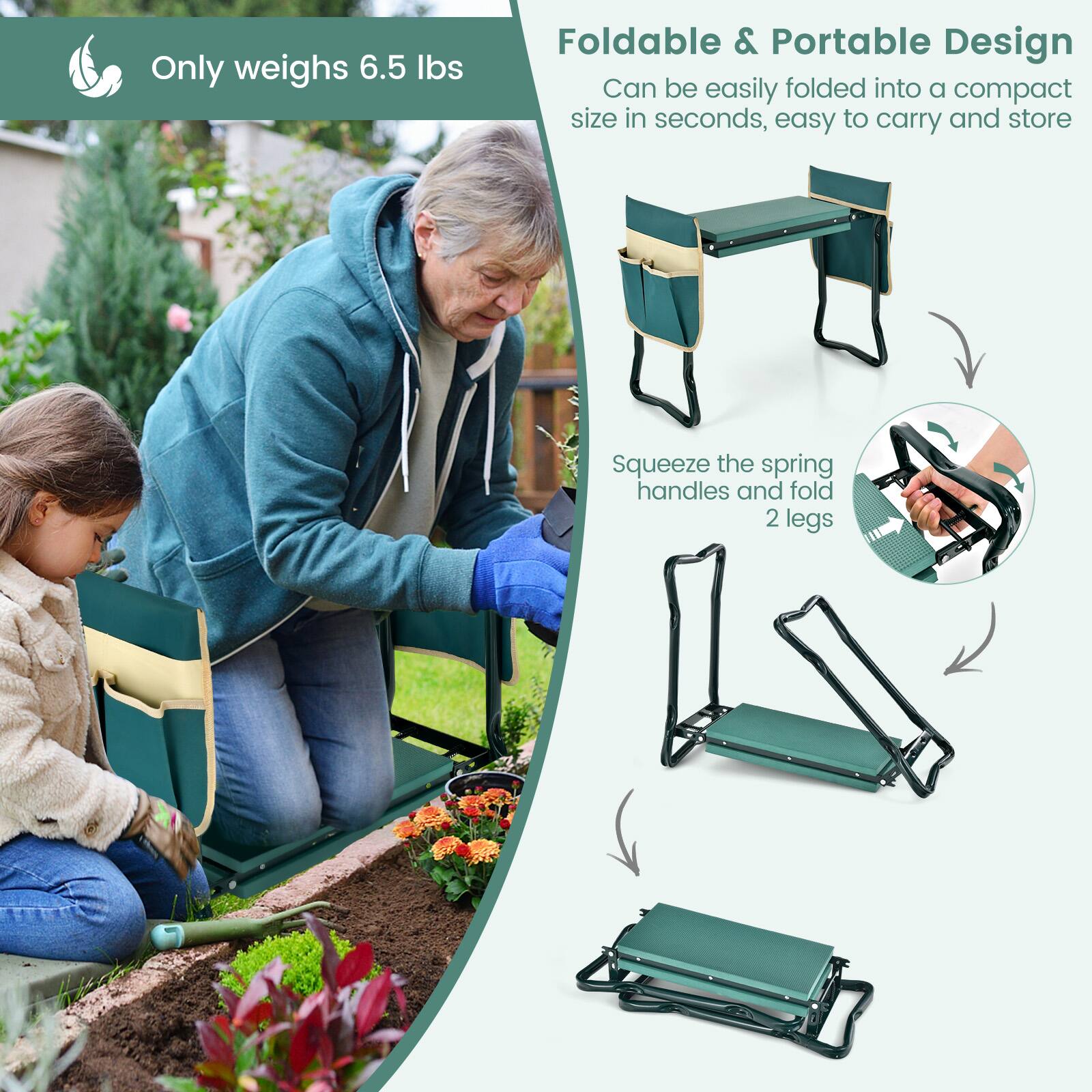Only weighs 6.5 lbs

Foldable & Portable Design
Can be easily folded into a compact size in seconds, easy to carry and store

Squeeze the spring handles and fold 2 legs