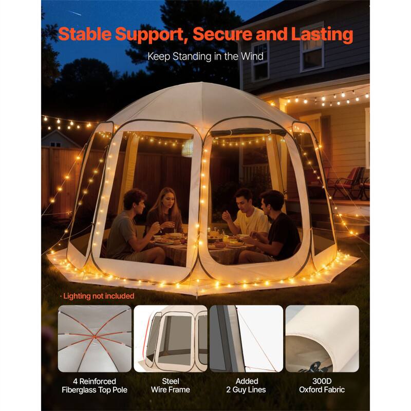 Stable Support, Secure and Lasting  
Keep Standing in the Wind  

Lighting not included  

- 4 Reinforced Fiberglass Top Pole  
- Steel Wire Frame  
- Added 2 Guy Lines  
- 300D Oxford Fabric
