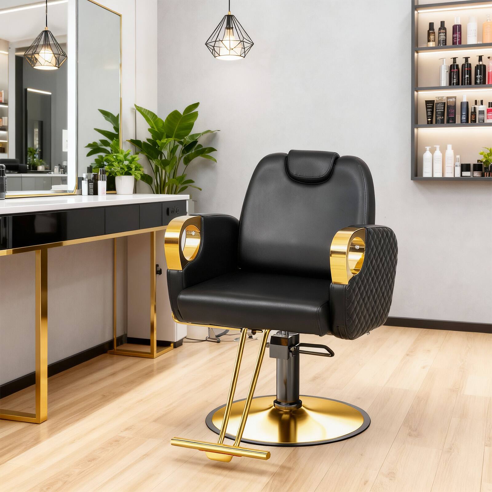 Left. Winado - Multifunctional Salon Chair with Hydraulic Pump, 135° Reclining Backrest, 360 Degree Swivel, Footrest for Barbershop Spa - Gold & Black.
