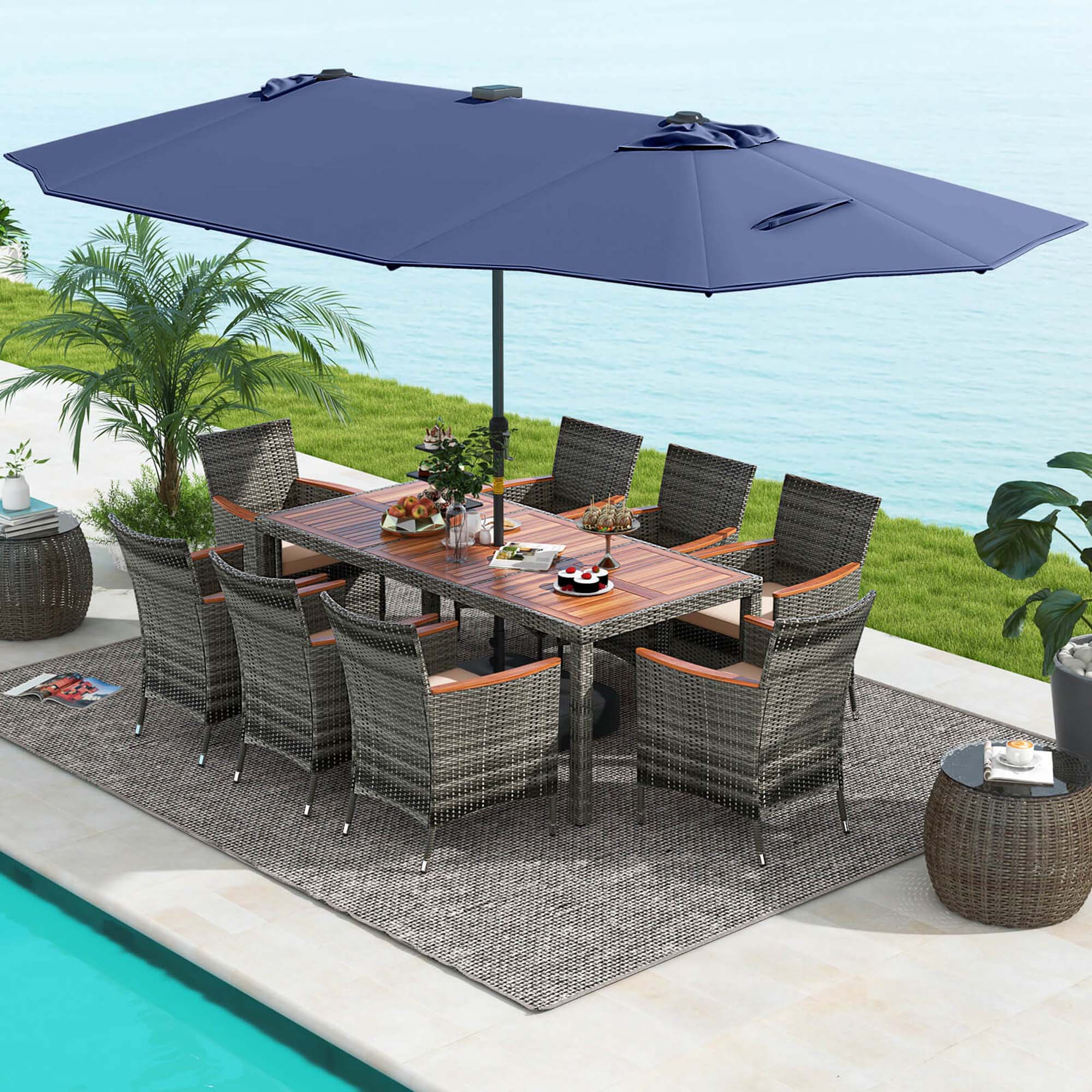 Alt View 4. Costway - 11 PCS Patio Dining Set with 15 ft Double-Sided Patio Umbrella 8 Armchairs - Mix Gray,Beige,Blue.