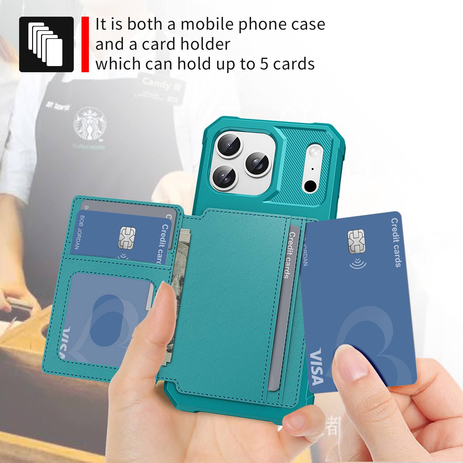 It is both a mobile phone case and a card holder which can hold up to 5 cards.