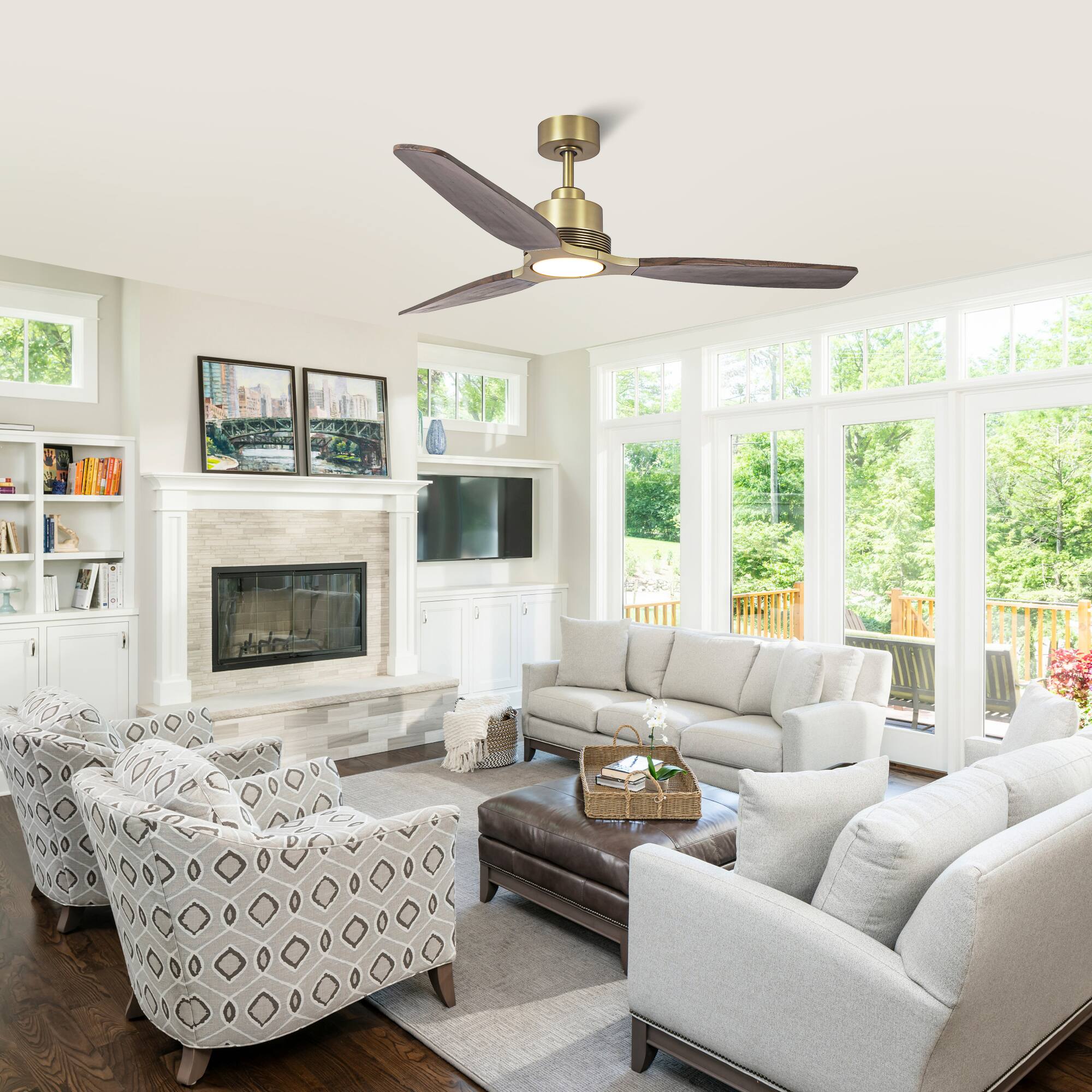 Left. Parrot Uncle - 56" Modern Solid Wood Diammable LED Gold Ceiling Fan with Remote and Light - Gold.