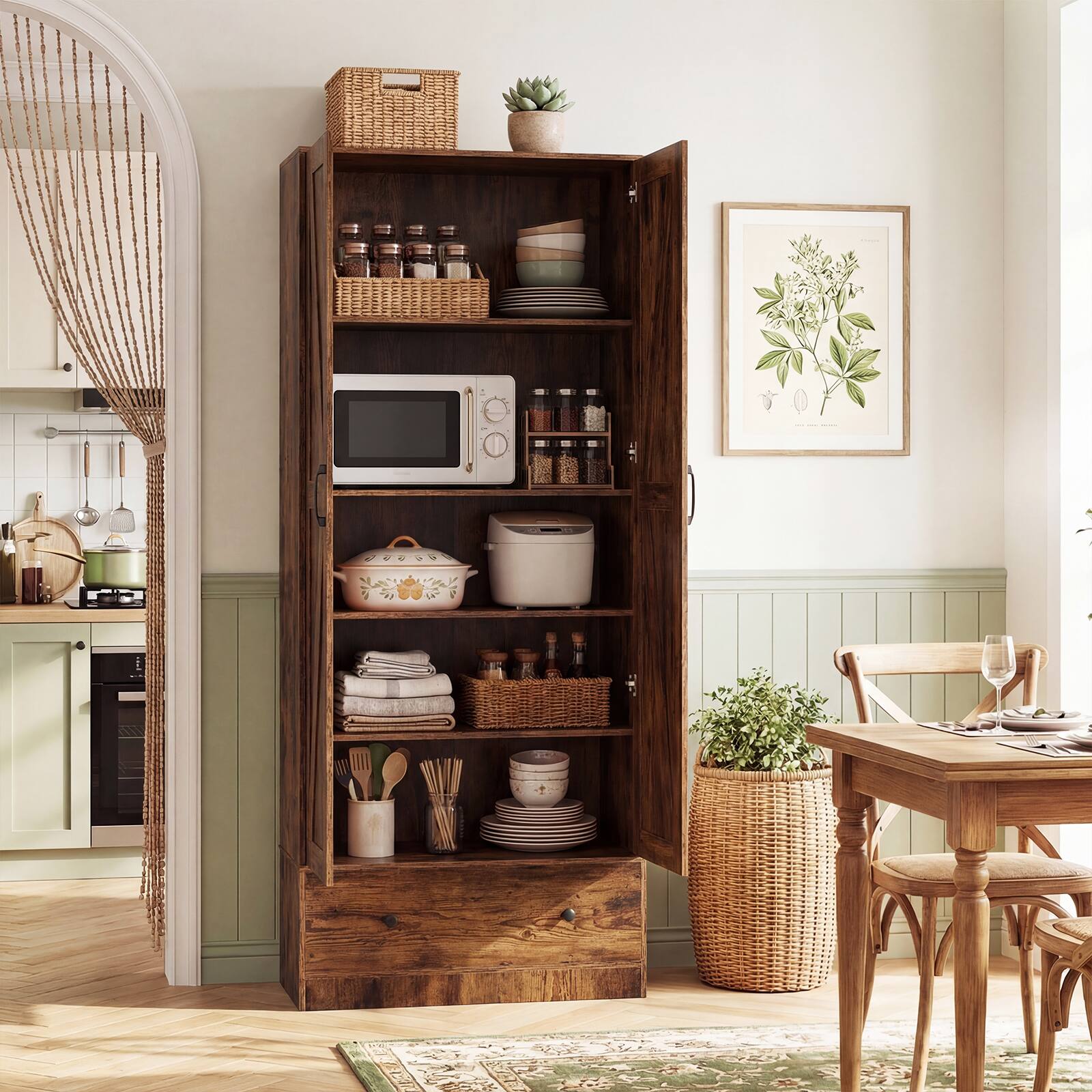 Alt View 4. Costway - Costway 72" Tall Kitchen Pantry Cabinet, Farmhouse Wooden Cupboard with 2 Doors, Drawer - Rustic Brown.