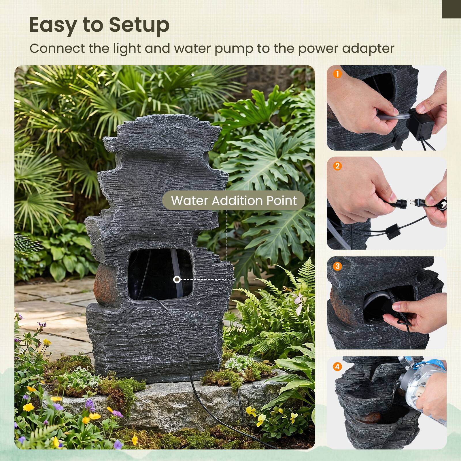Easy to Setup  
Connect the light and water pump to the power adapter  

1.  
2.  
3.  
4.  

Water Addition Point