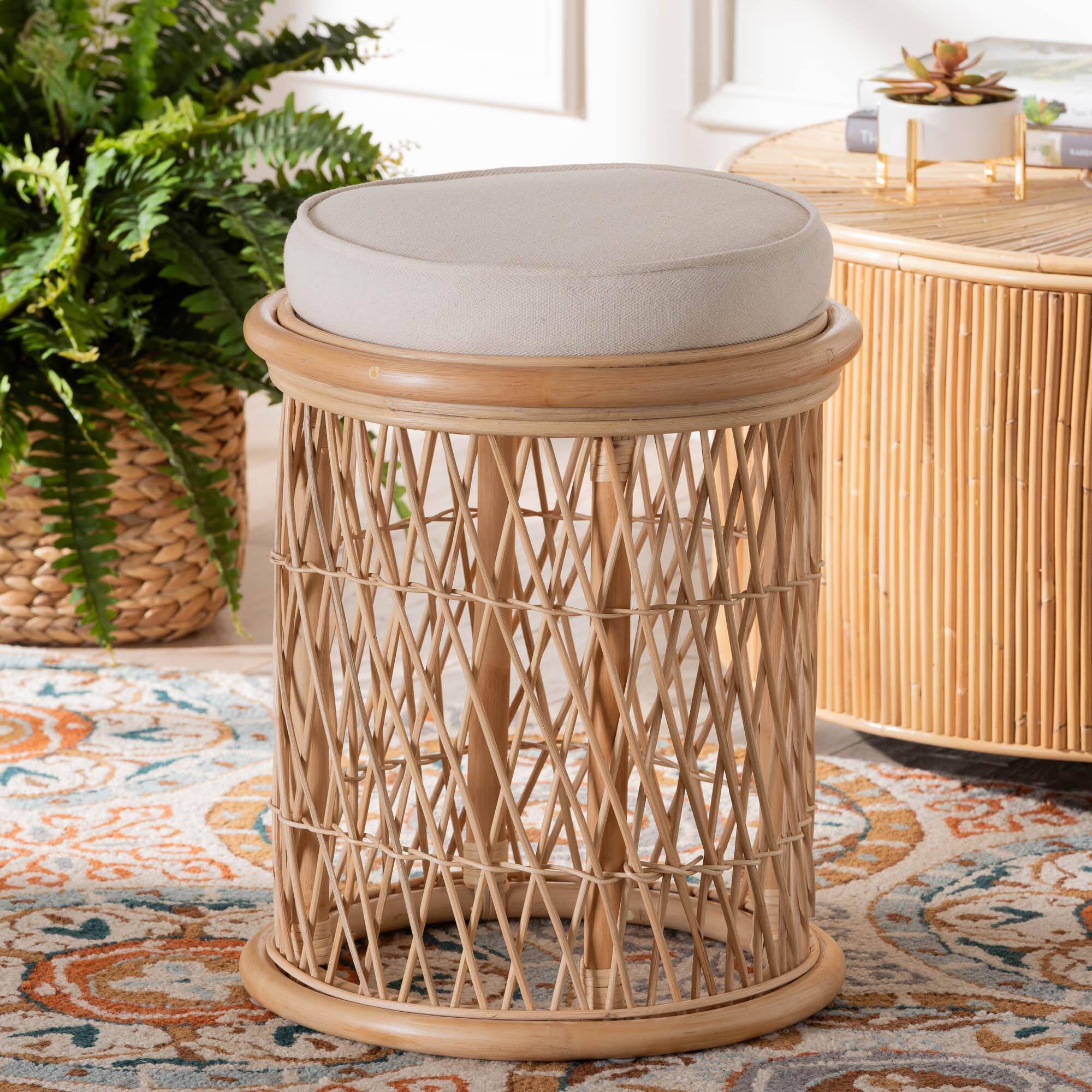 Alt View 1. bali & pari - Junius Bohemian Natural Rattan Ottoman Footstool - Natural/White.