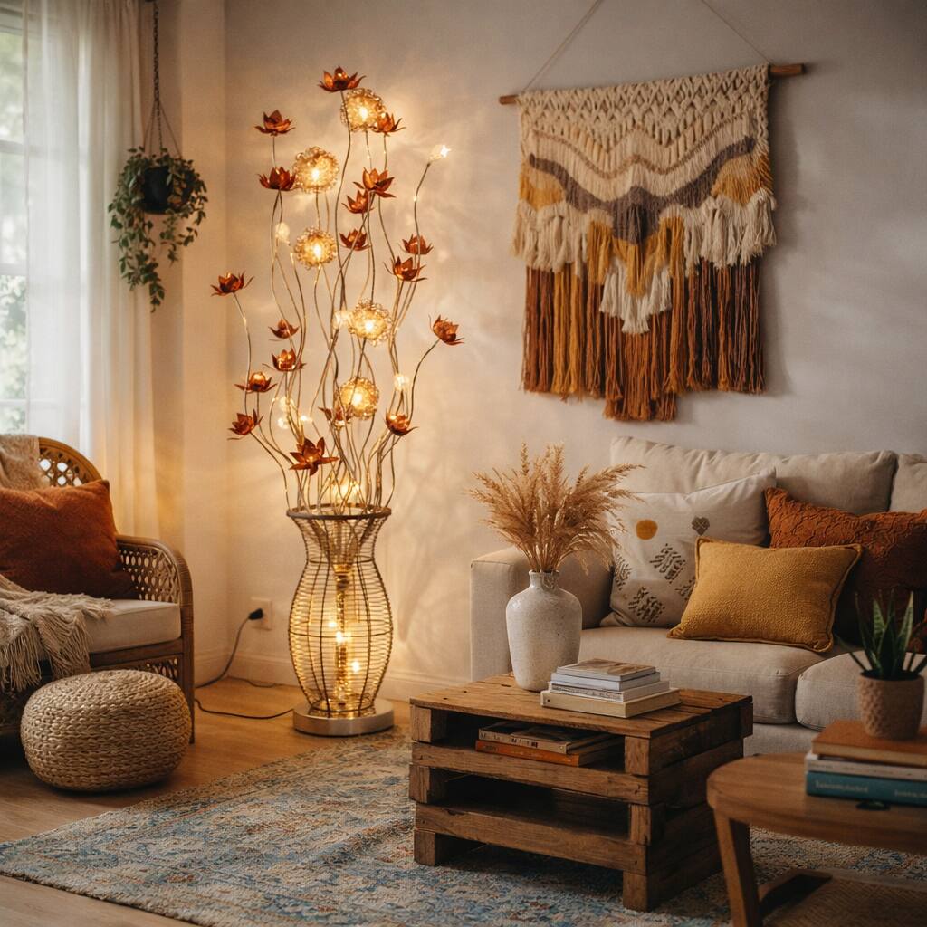 Front. FC Design - 58"H Coffee Brown Wire Vase with Metallic Floral Stem LED Floor Lamp.