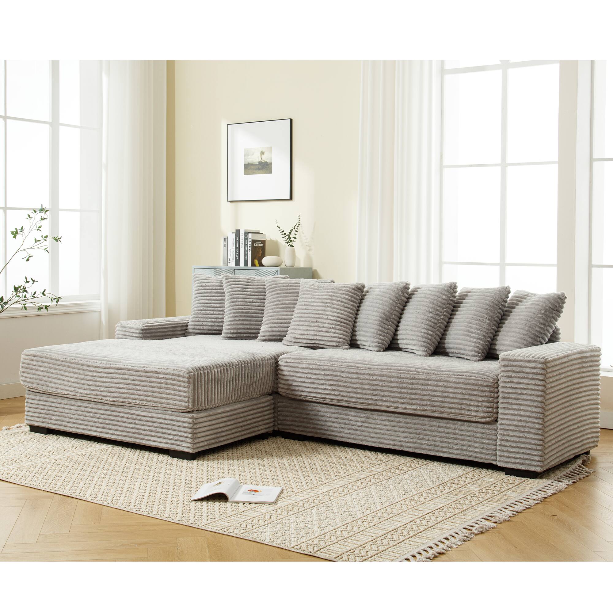Alt View 5. Tiramisubest - Oversized Two-Piece Couches,L Shaped Sofa,Corduroy,Left Chaise Daybed with Armrests,Eight Throw Pillows,Gray - Gray.