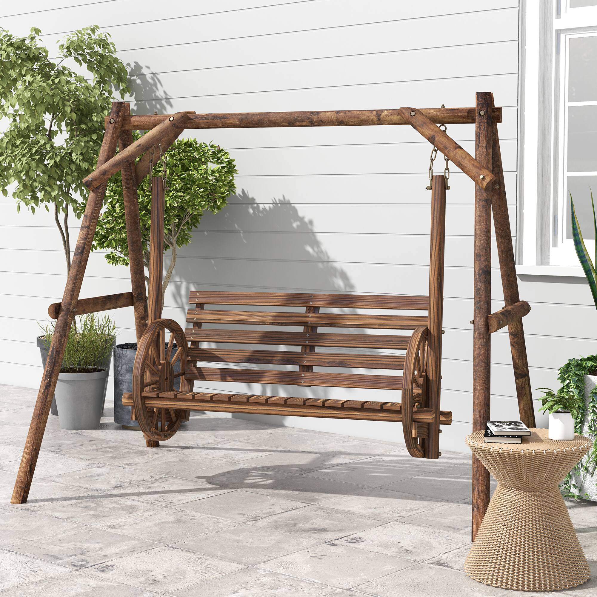 Alt View 1. Outsunny - Porch Swing with A-Frame Stand, Wooden Log Patio Swing Chair Bench with Wagon Wheel Armrests - Carbonized Brown.