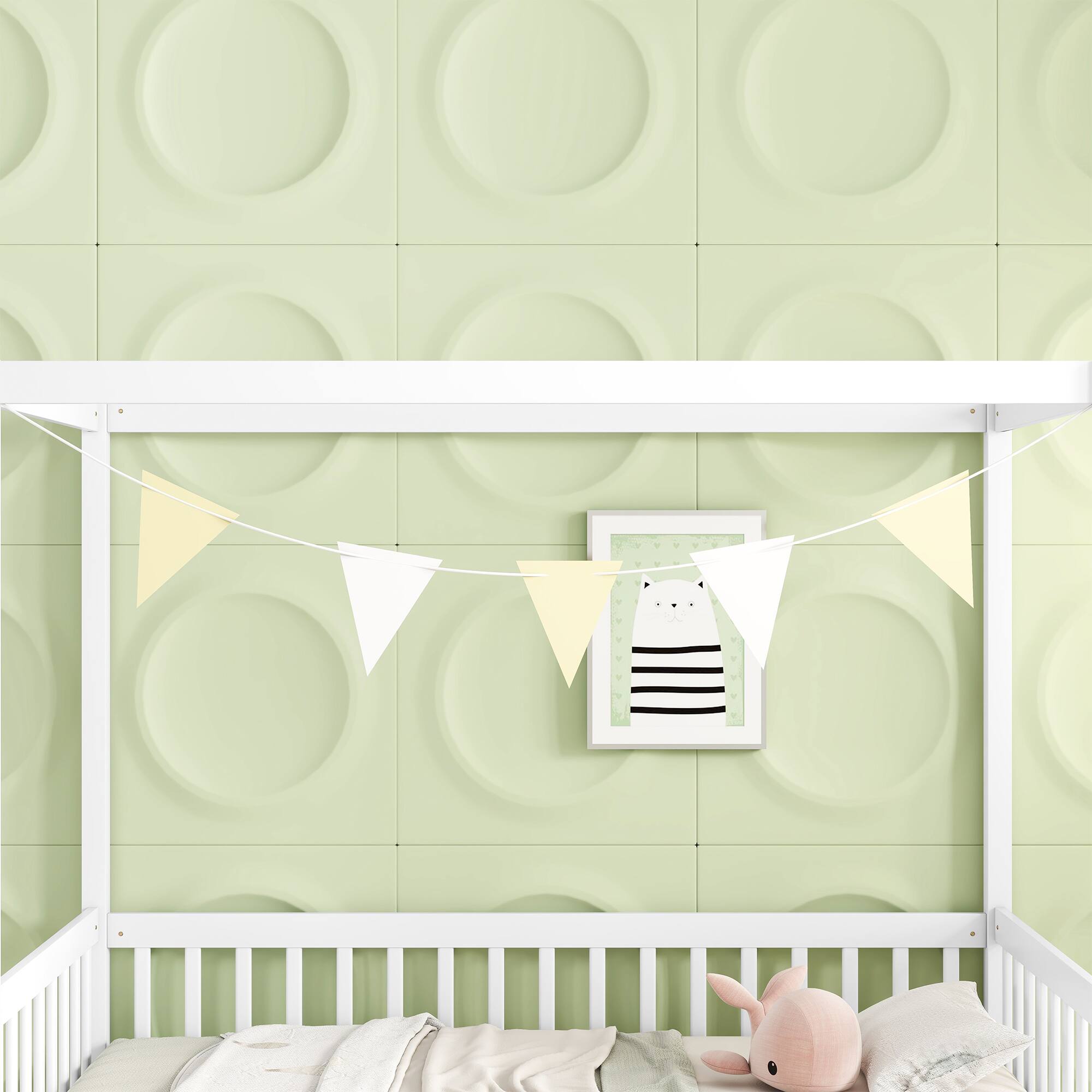 Alt View 1. Tiramisubest - Twin Size Canopy Frame Floor Bed with Fence, Guardrails,White - White.