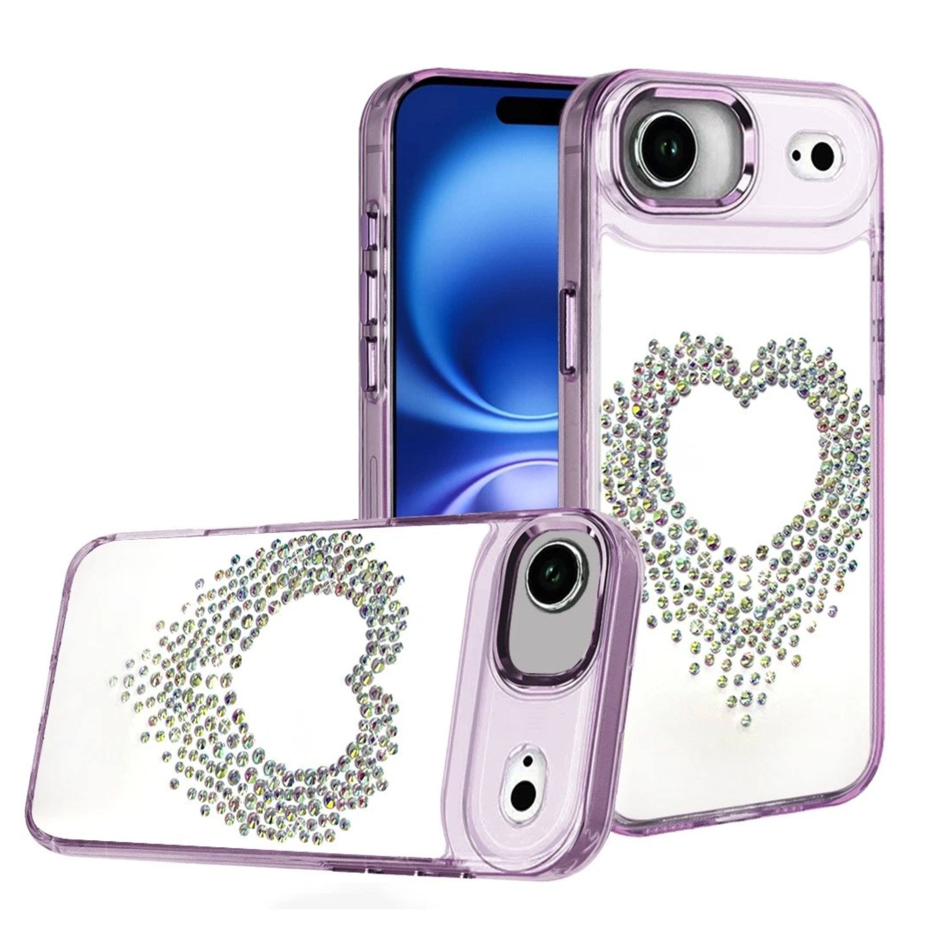 Angle. Kitcheniva - Heart Shaped Rhinestones Chrome Edges With Tempered Glass For iPhone Air Purple - Purple.