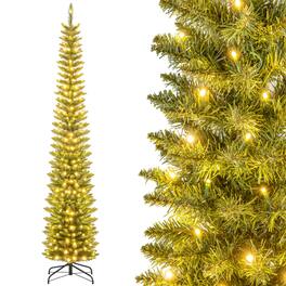 Costway - 8 FT Pre-Lit Pencil Christmas Tree with 300 LED Lights & 591 Branch Tips Party - Green