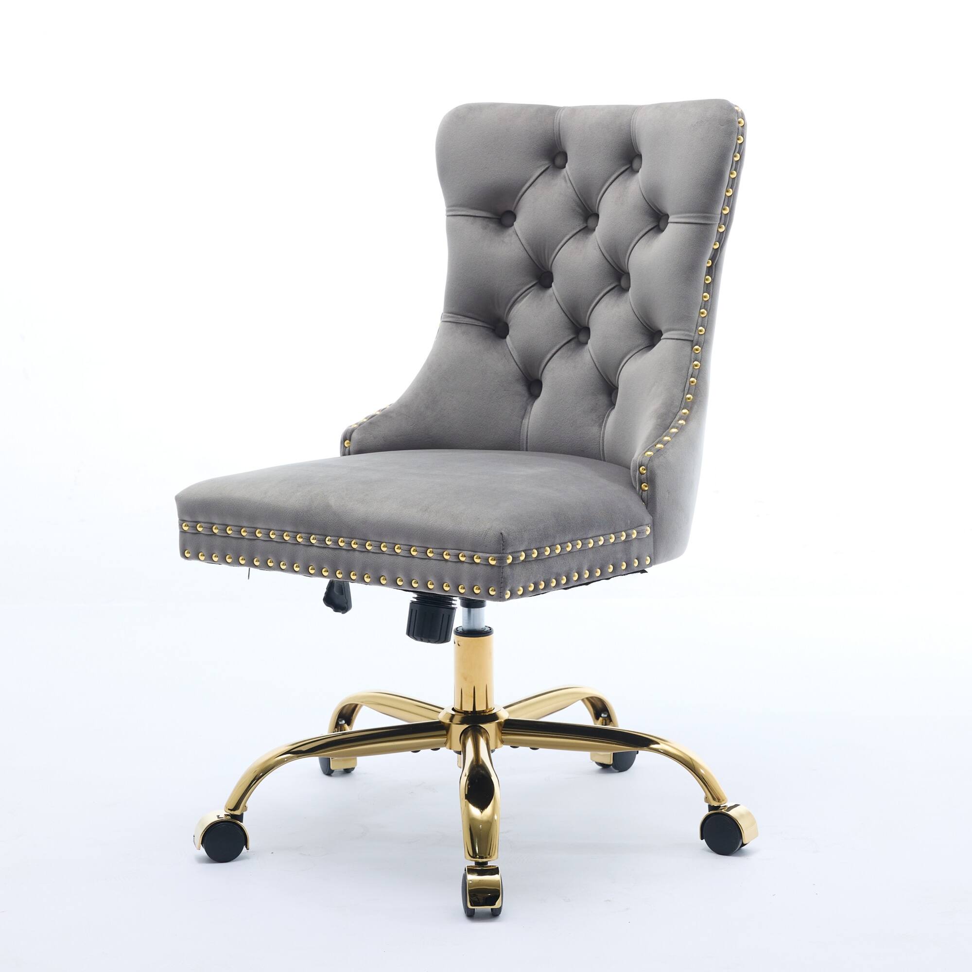 Angle. PexFix - Modern Office Chair, Tufted Velvet Upholstery, Adjustable Height & Swivel with Chrome Base, for Home Office - Gray.