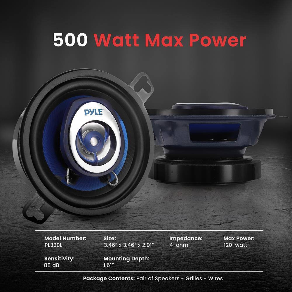 500 Watt Max Power

Model Number: PL32BL  
Size: 3.46" x 3.46" x 2.01"  
Impedance: 4-ohm  
Max Power: 120-watt  
Sensitivity: 88 dB  
Mounting Depth: 1.61"  

Package Contents: Pair of Speakers - Grilles - Wires
