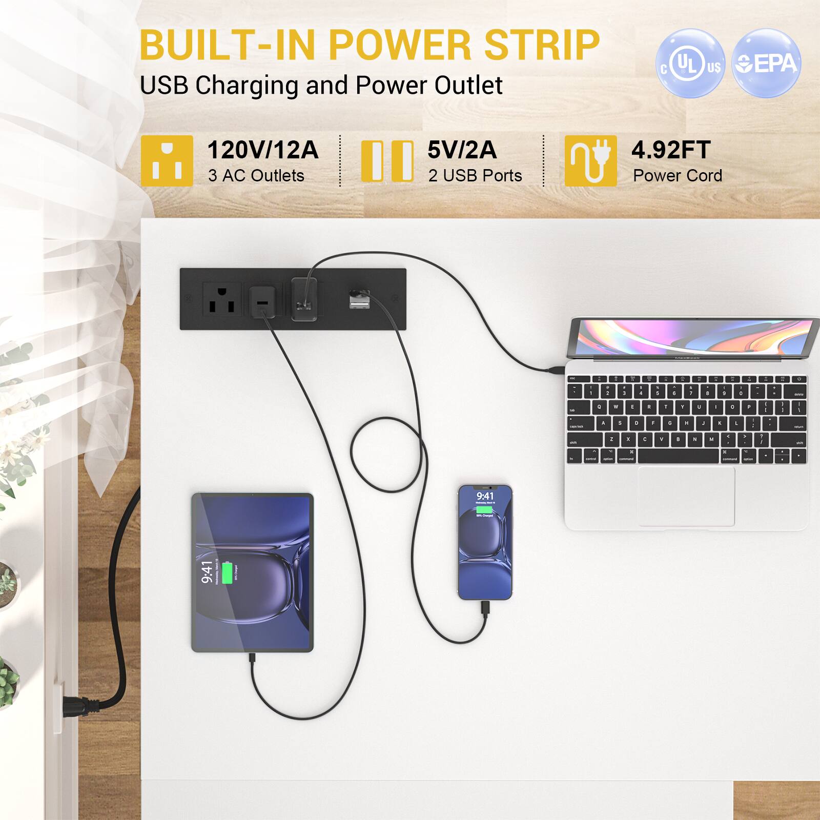 BUILT-IN POWER STRIP  
USB Charging and Power Outlet  

120V/12A  
3 AC Outlets  

5V/2A  
2 USB Ports  

4.92FT Power Cord  

UL US EPA