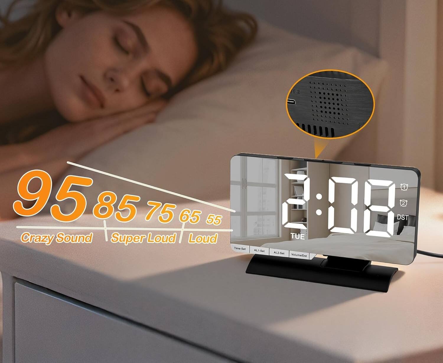 F2 95 85 75 65 55 Crazy Sound Super Loud Loud 1 2 2:08 TUE DST Time-Set Sel AL AL1-Set AL2-Set VolumeDet