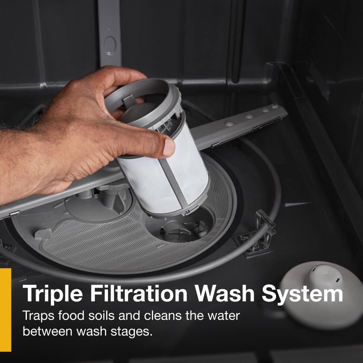Triple Filtration Wash System  
Traps food soils and cleans the water between wash stages.