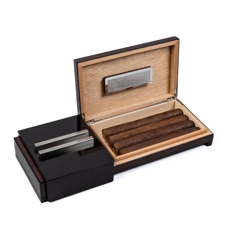 Angle. Prestige - Ashtray with Hidden Humidor - 2-Tone Dark Brazilian Finish.