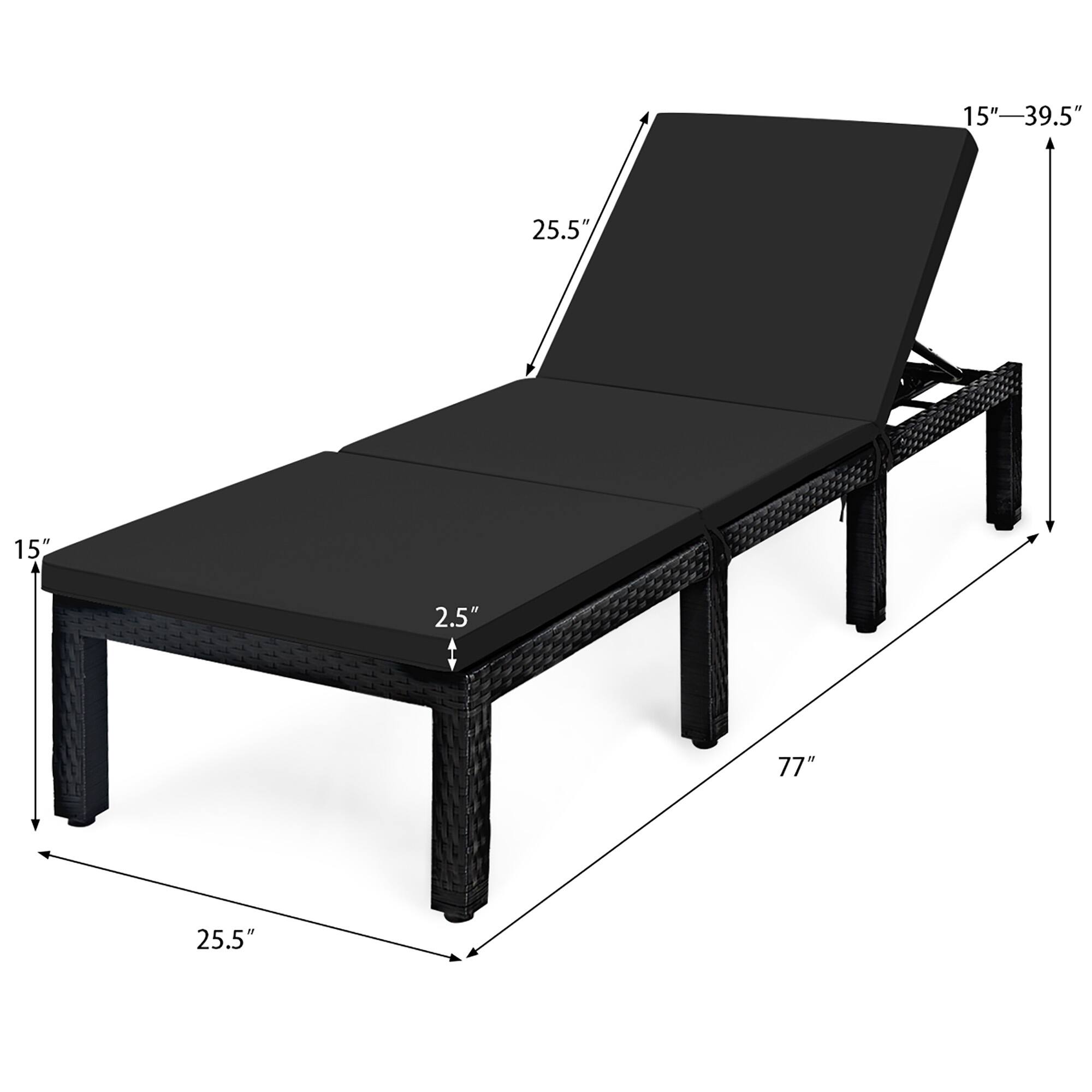 The text on the image reads: "15"-39.5" 25.5" 15" 2.5" 77" 25.5". This information is likely related to the dimensions of the black lounge chair. The first measurement, "15"-39.5", indicates the width of the chair, while the second measurement, "25.5", likely represents the depth or seat height. The third measurement, "15", could be the width of the armrests or the overall width of the chair. The fourth measurement, "2.5", might be the thickness of the cushion or the backrest. Finally, the fifth measurement, "77", could be the overall height of the chair.