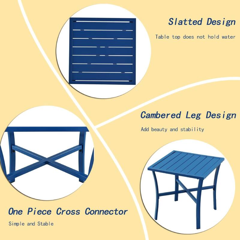 - Slatted Design  
  Table top does not hold water

- Cambered Leg Design  
  Add beauty and stability

- One Piece Cross Connector  
  Simple and Stable