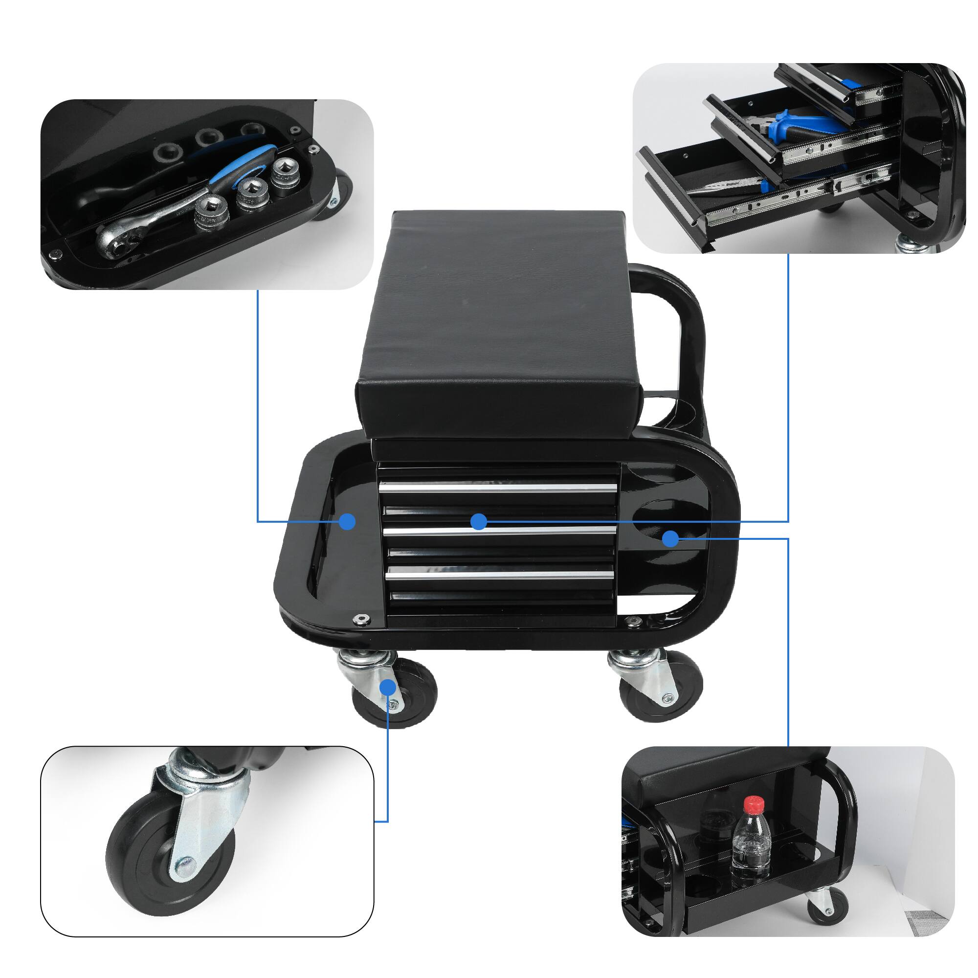 Alt View 2. Boyel Living - Black Rolling Creeper Garage/Shop Seat with Three Built-in Drawers, Rolling Tool Chest.