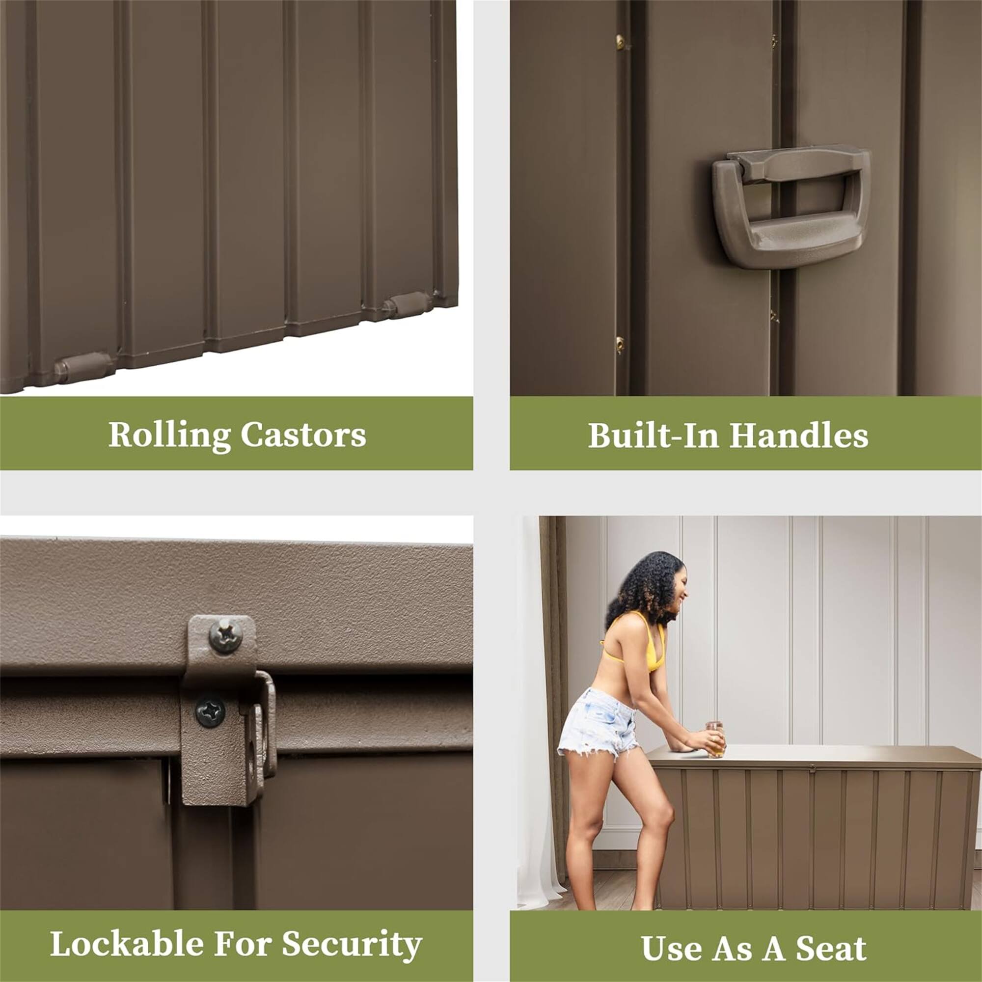 - Rolling Castors
- Built-In Handles
- Lockable For Security
- Use As A Seat