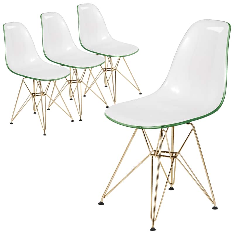 Front. LeisureMod - Cresco 4-Pieces Modern Acrylic Dining Chair with Ergonomic Seat and Gold Eiffel Base for Indoor Outdoor - White Green.