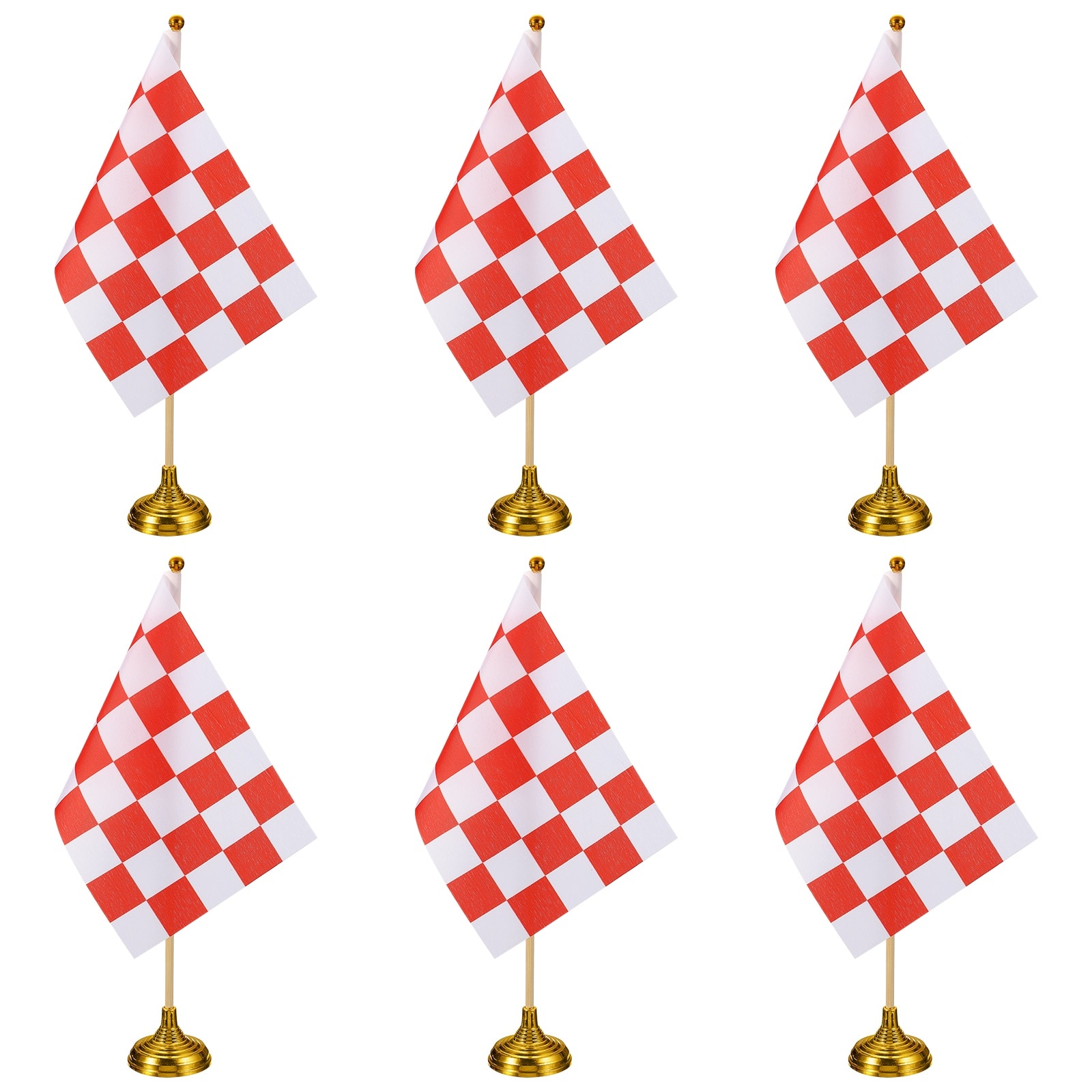 Unique Bargains - 6pcs 12" R/W Checkered Table Flag for Racing/Sport Party, Bamboo Stick & Gold Round Base - Red and White Flag, Gold Base