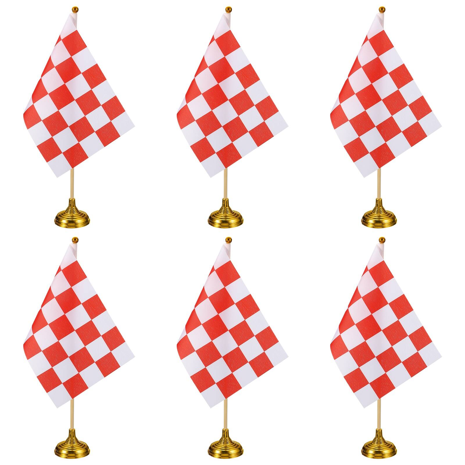 Front. Unique Bargains - 6pcs 12" R/W Checkered Table Flag for Racing/Sport Party, Bamboo Stick & Gold Round Base - Red and White Flag, Gold Base.