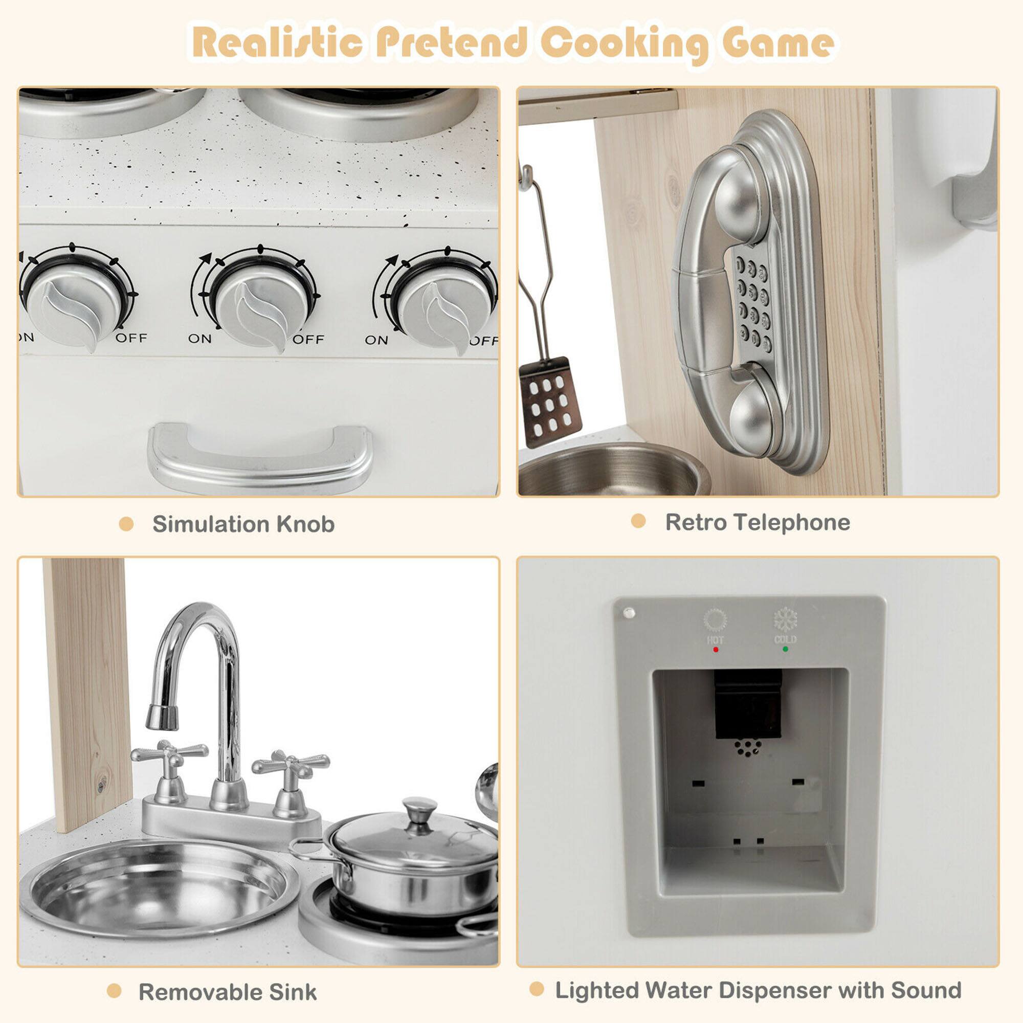 Realistic Pretend Cooking Game

- Simulation Knob
- Retro Telephone
- Removable Sink
- Lighted Water Dispenser with Sound