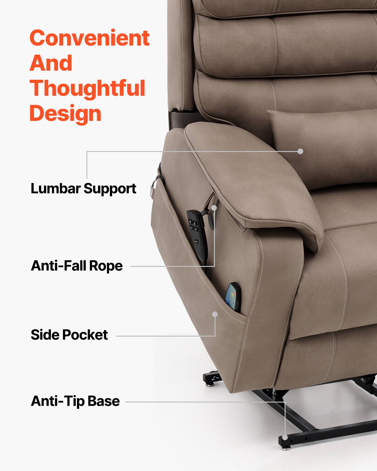 Convenient And Thoughtful Design

- Lumbar Support
- Anti-Fall Rope
- Side Pocket
- Anti-Tip Base