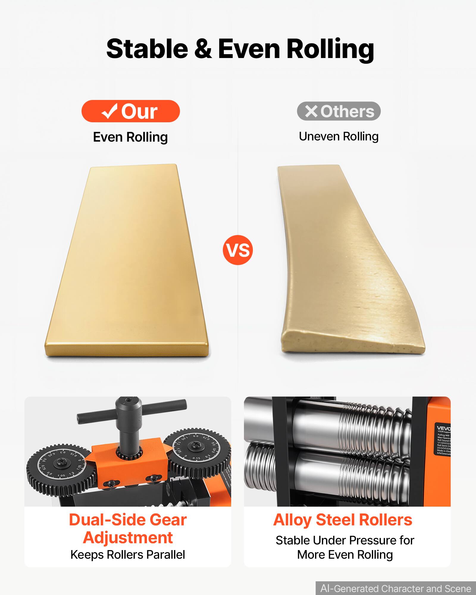 Stable & Even Rolling

Our Even Rolling
VS
Others Uneven Rolling

Dual-Side Gear Adjustment Keeps Rollers Parallel
Alloy Steel Rollers Stable Under Pressure for More Even Rolling

AI-Generated Character and Scene