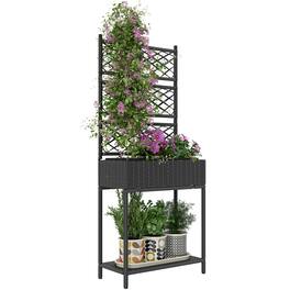 Outsunny - Raised Garden Bed with Trellis, Outdoor Wicker Planter, Freestanding Rattan Planter Stand with Storage Shelf - Black