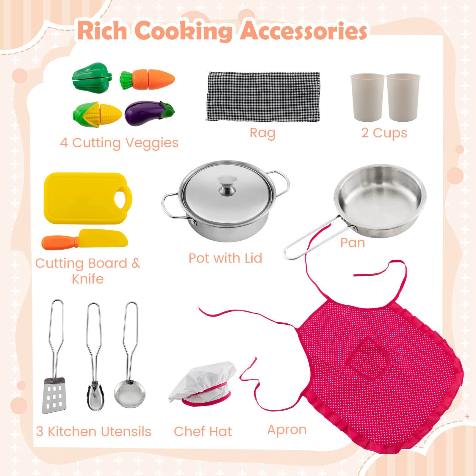 Rich Cooking Accessories

- 4 Cutting Veggies
- Rag
- 2 Cups
- Cutting Board & Knife
- Pot with Lid
- Pan
- 3 Kitchen Utensils
- Chef Hat
- Apron