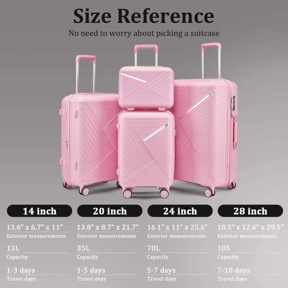 **Size Reference**  
No need to worry about picking a suitcase

- **14 inch**  
  - Exterior measurements: 13.6" x 6.7" x 11"  
  - Capacity: 13L  
  - Travel days: 1-3 days

- **20 inch**  
  - Exterior measurements: 13.8" x 8.7" x 21.7"  
  - Capacity: 35L  
  - Travel days: 1-5 days

- **24 inch**  
  - Exterior measurements: 16.1" x 11" x 25.6"  
  - Capacity: 70L  
  - Travel days: 5-7 days

- **28 inch**  
  - Exterior measurements: 18.5" x 12.6" x 29.5"  
  - Capacity: 105L  
  - Travel days: 7-10 days