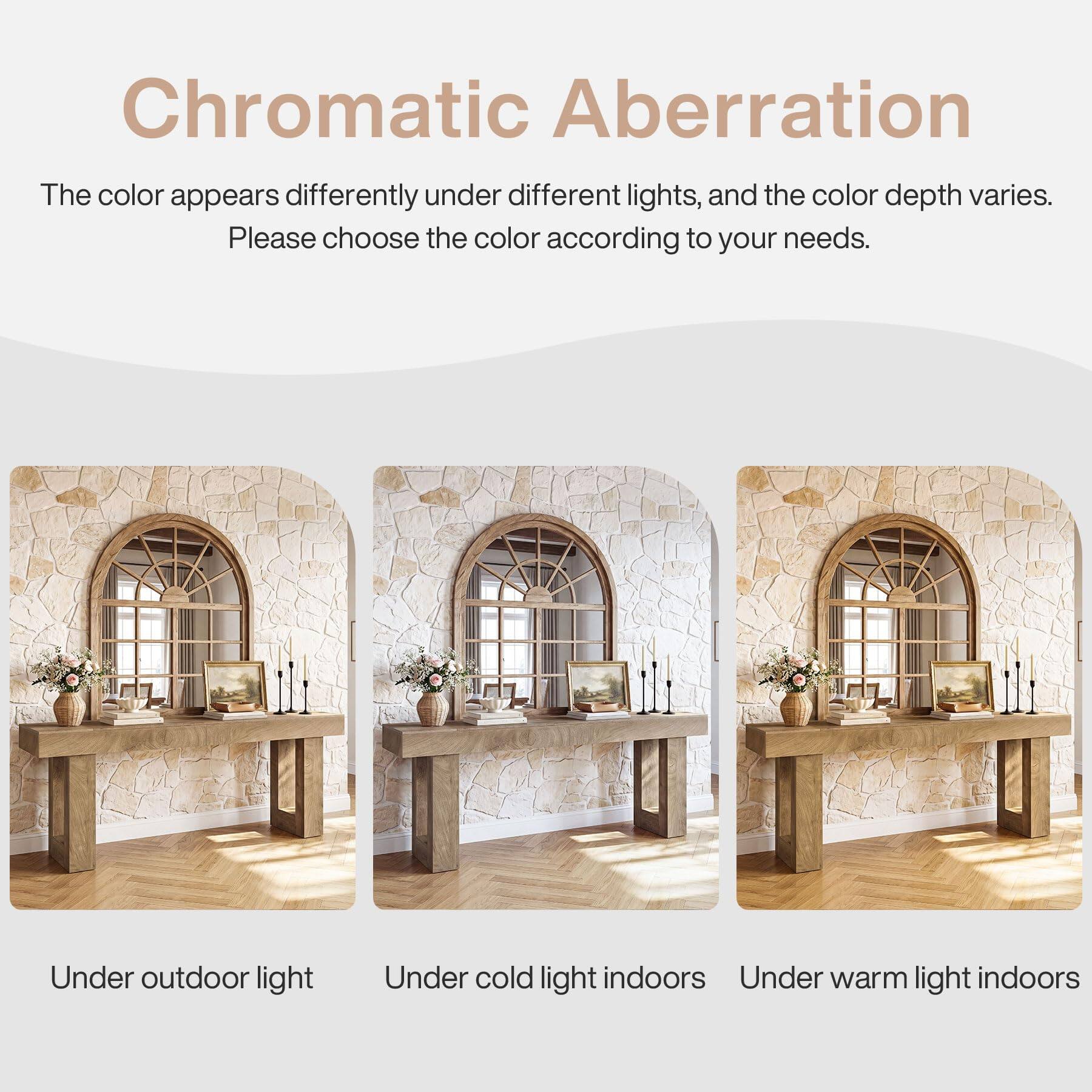 Chromatic Aberration  
The color appears differently under different lights, and the color depth varies.  
Please choose the color according to your needs.  

Under outdoor light  
Under cold light indoors  
Under warm light indoors