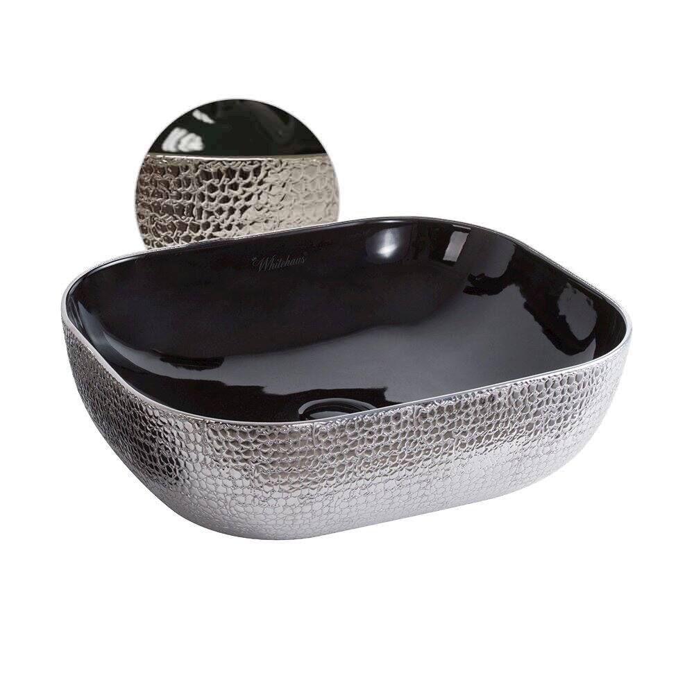 Angle. Whitehaus - Isabella Plus Collection Rectangular Above Mount Basin with an Embossed Exterior, Smooth Interior, and Center Drain - Black.