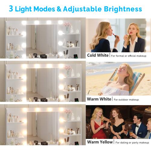 3 Light Modes & Adjustable Brightness

- Cold White: For formal or official makeup
- Warm White: For outdoor makeup
- Warm Yellow: For dating or party makeup
