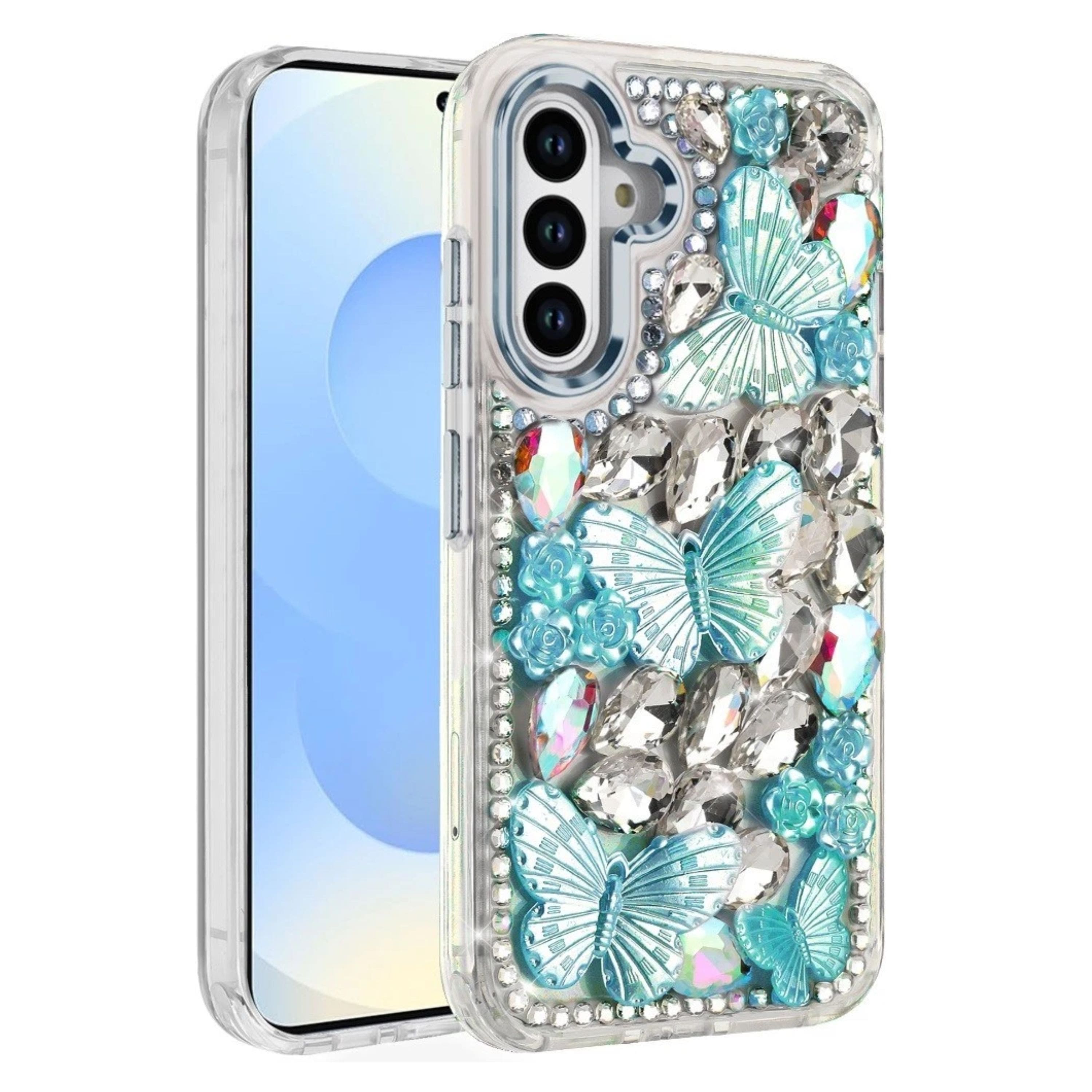 Kitcheniva - Bling Diamond Large Butterflies Design Phone Case With Tempered Glass For Samsung Galaxy S25/S24 - Blue price history on PriceWatchPro