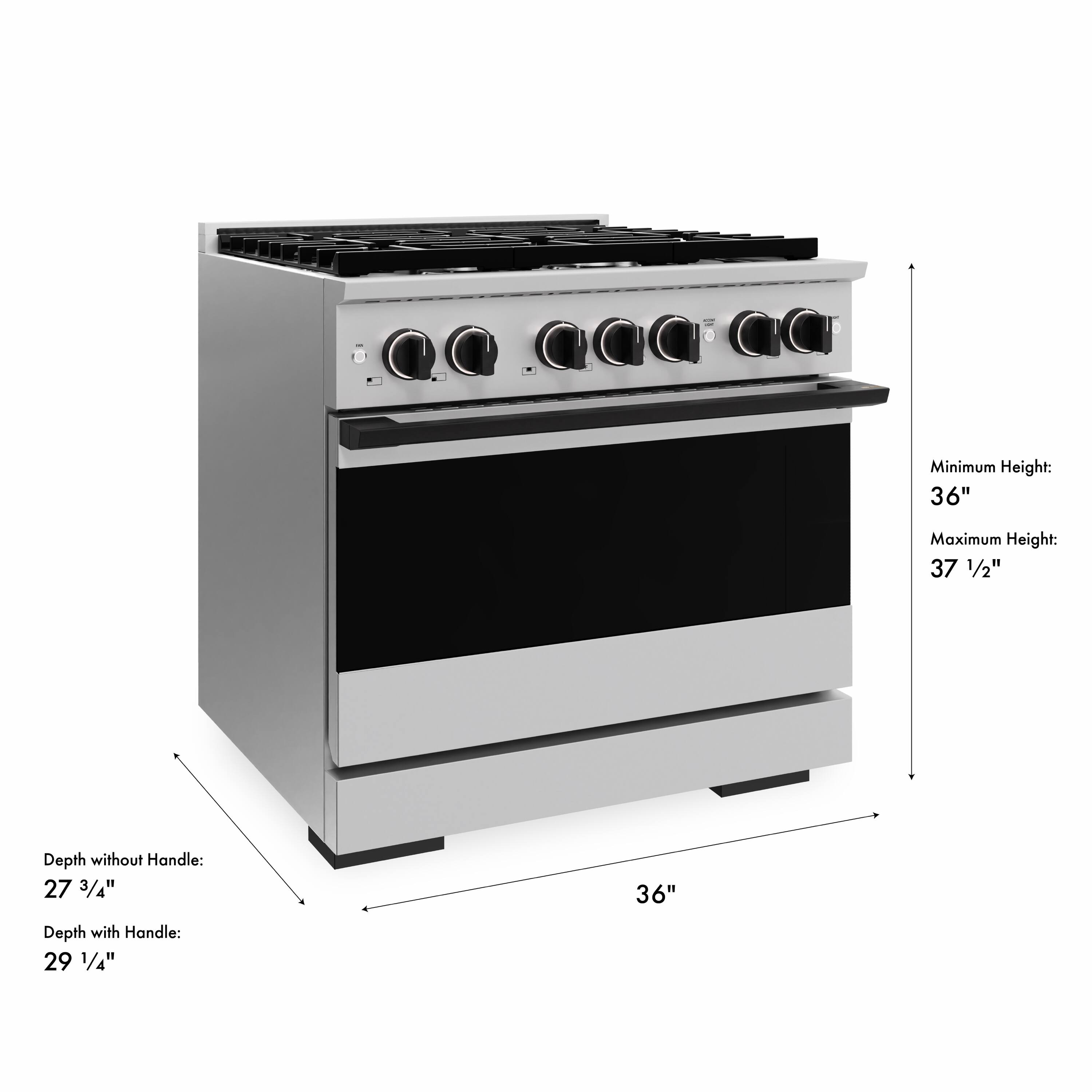 Minimum Height: 36"  
Maximum Height: 37 1/2"  
Depth without Handle: 27 3/4"  
Depth with Handle: 29 1/4"