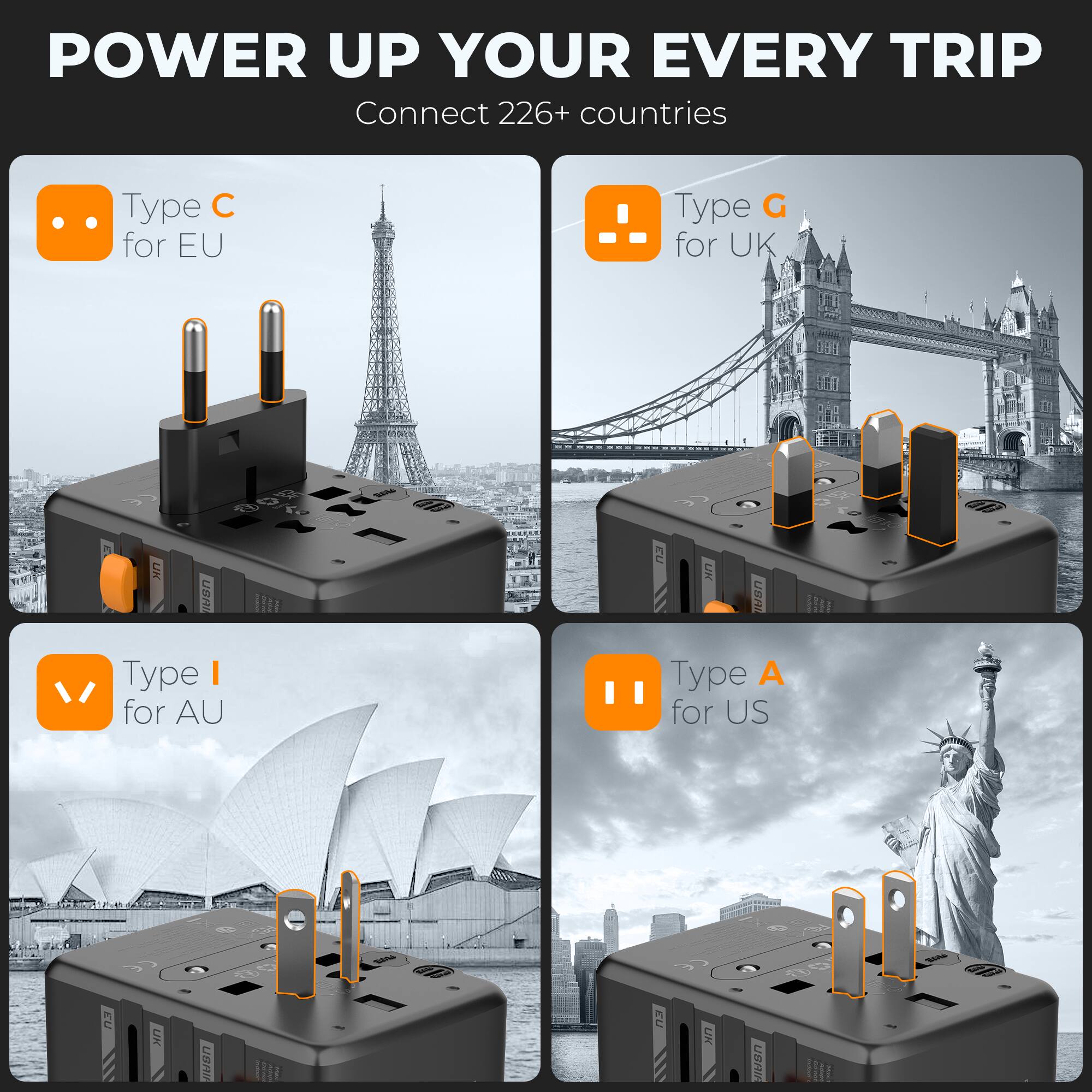 POWER UP YOUR EVERY TRIP  
Connect 226+ countries  
Type C for EU  
Type G for UK  
Type I for AU  
Type A for US