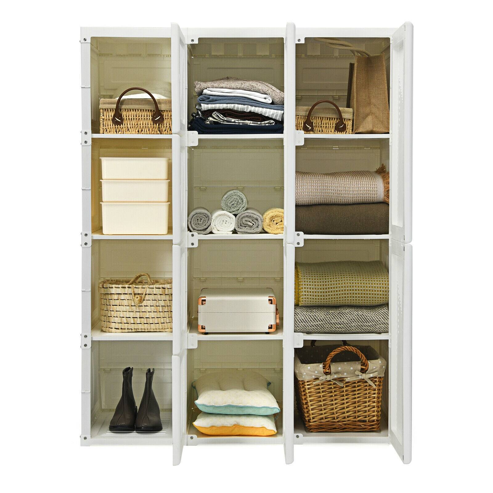 Back. SlickBlue - Space-Saving Foldable Wardrobe with 12 Cubby Compartments for Clothes - White.