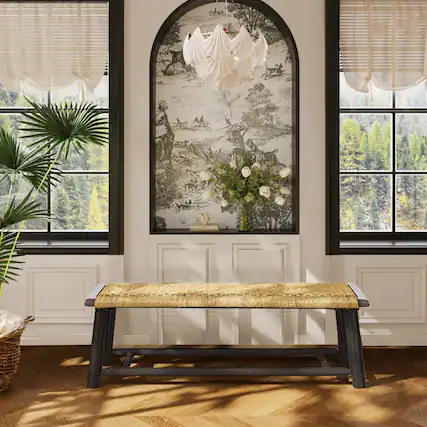 Front. TinyHomie - Farmhouse Solid Wood Rattan Bench 59 Inch Walnut Finish - Brown.