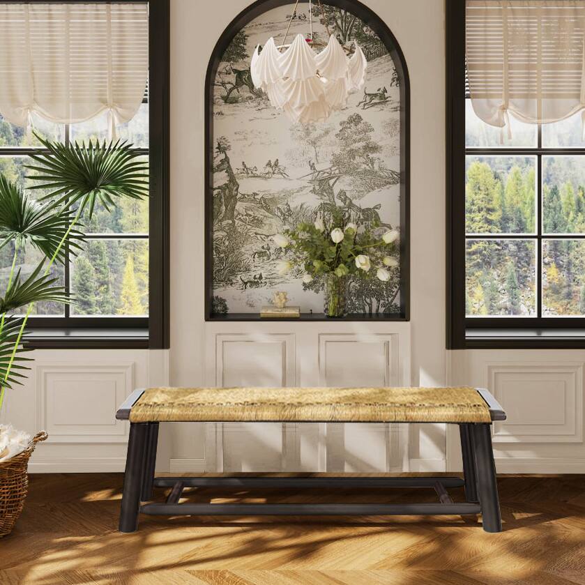 Front. TinyHomie - Farmhouse Solid Wood Rattan Bench 59 Inch Walnut Finish - Brown.