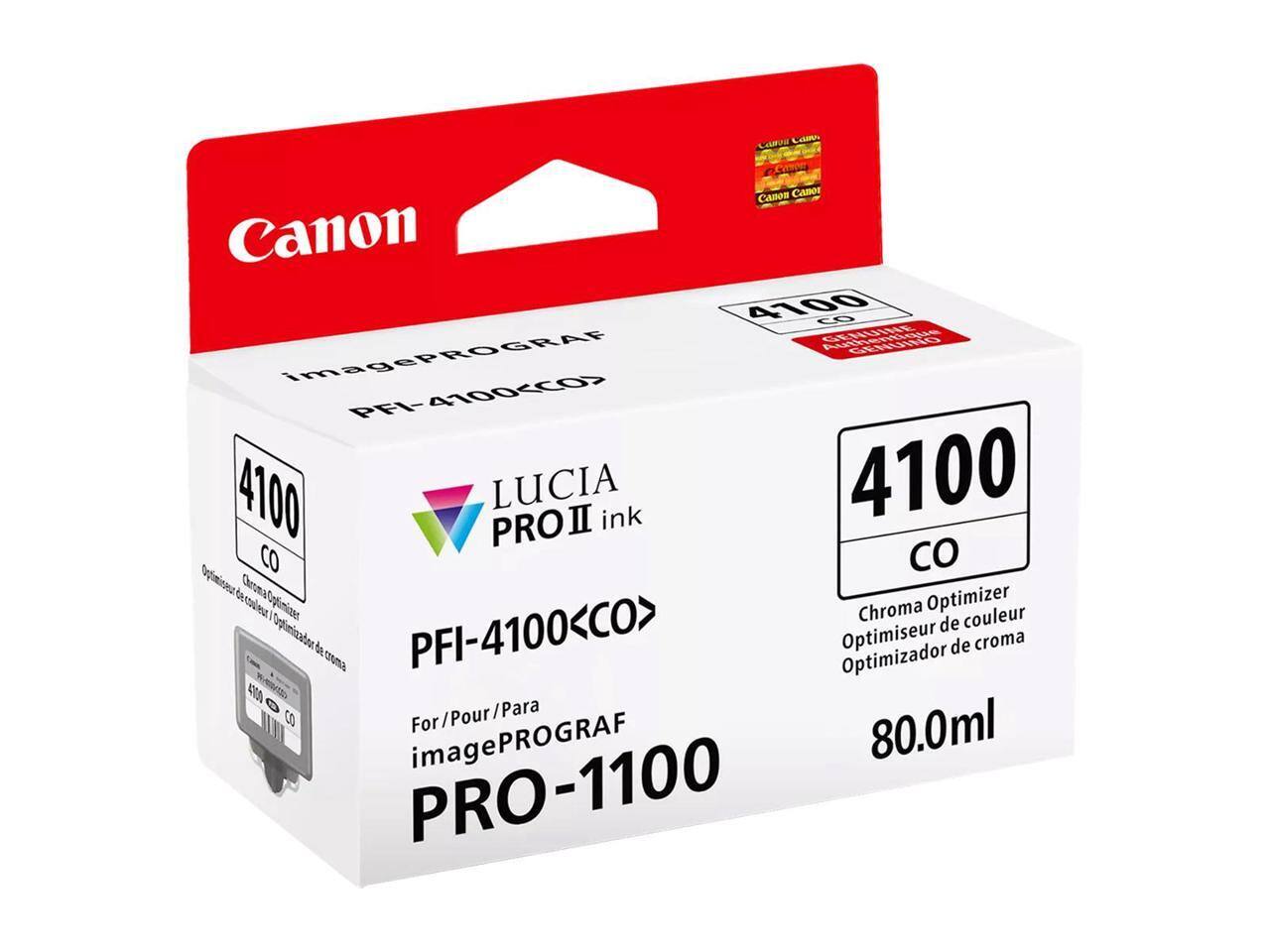 Canon imagePROGRAF  
LUCIA PRO II ink  
PFI-4100<CO>  
Chroma Optimizer  
Optimiseur de couleur  
Optimizador de croma  
80.0ml  
For/Pour/Para imagePROGRAF PRO-1100