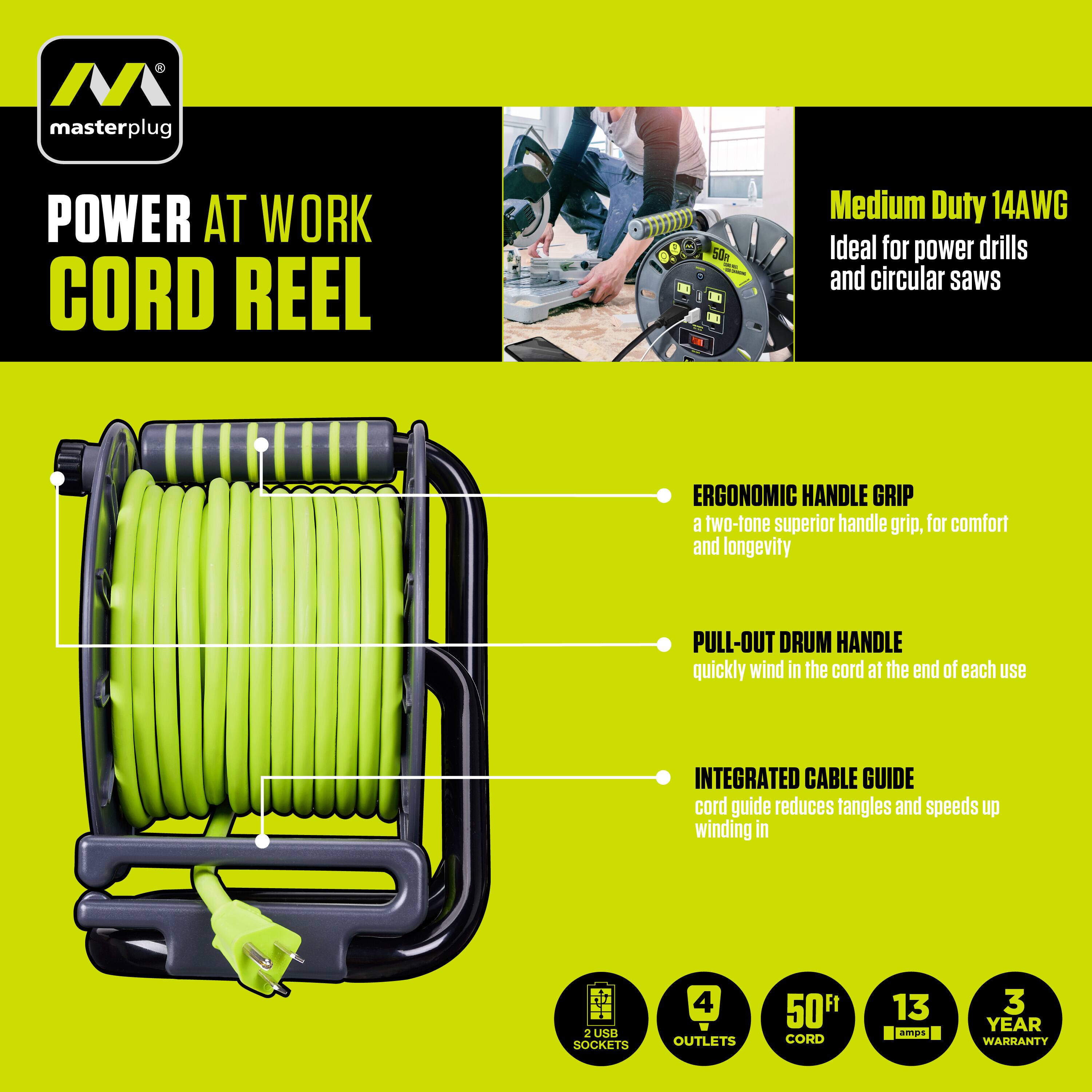 Alt View 16. Masterplug - 50Ft 4 Sockets 13A 14AWG Medium Open Reel with USB Charging - Green & Grey.